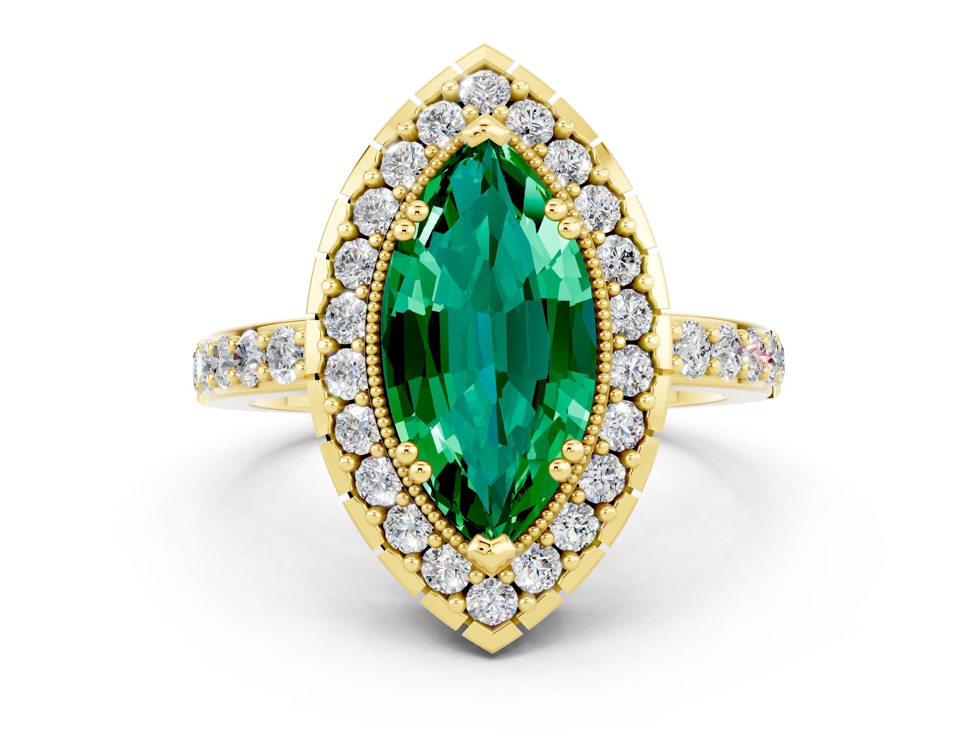Yellow gold Marquise Cut Emerald Halo Ring with Pavé Band and Prong Setting