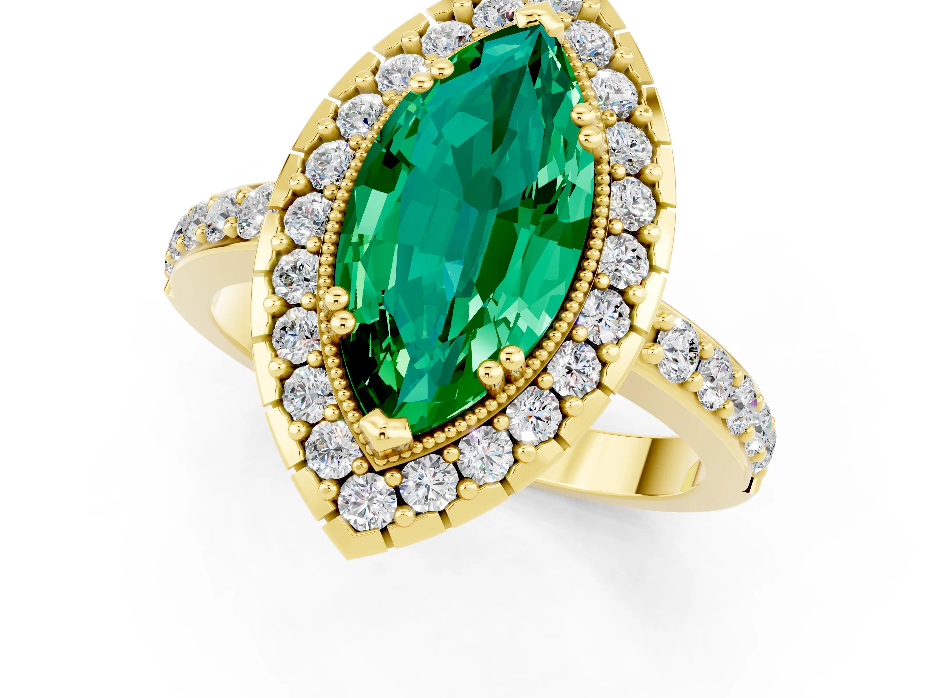 Yellow gold Marquise Cut Emerald Halo Ring with Pavé Band and Prong Setting_1