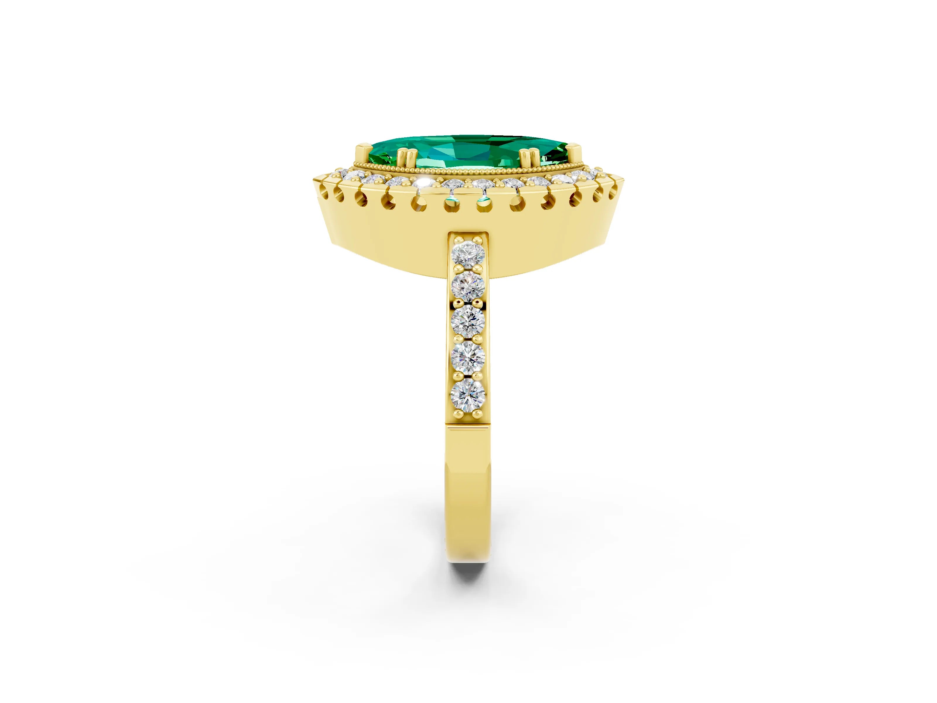 Yellow gold Marquise Cut Emerald Halo Ring with Pavé Band and Prong Setting_2