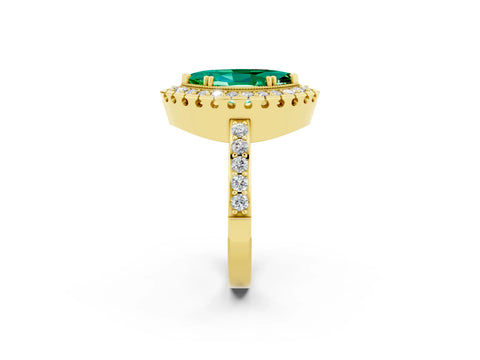 Yellow gold Marquise Cut Emerald Halo Ring with Pavé Band and Prong Setting_2