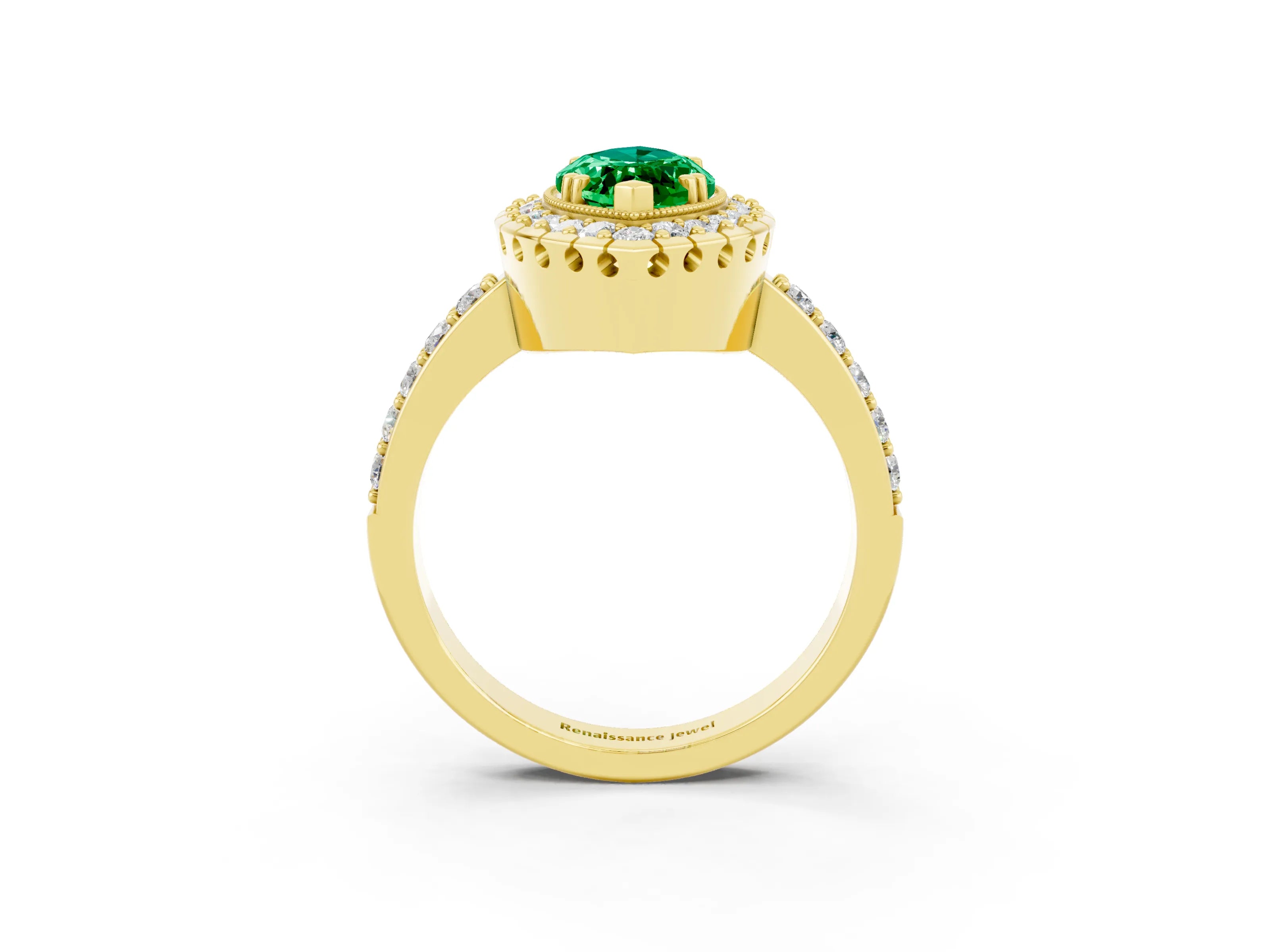 Yellow gold Marquise Cut Emerald Halo Ring with Pavé Band and Prong Setting_3