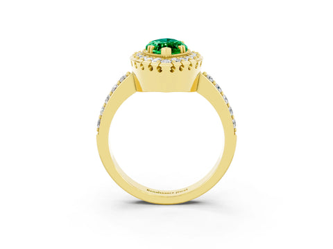 Yellow gold Marquise Cut Emerald Halo Ring with Pavé Band and Prong Setting_3