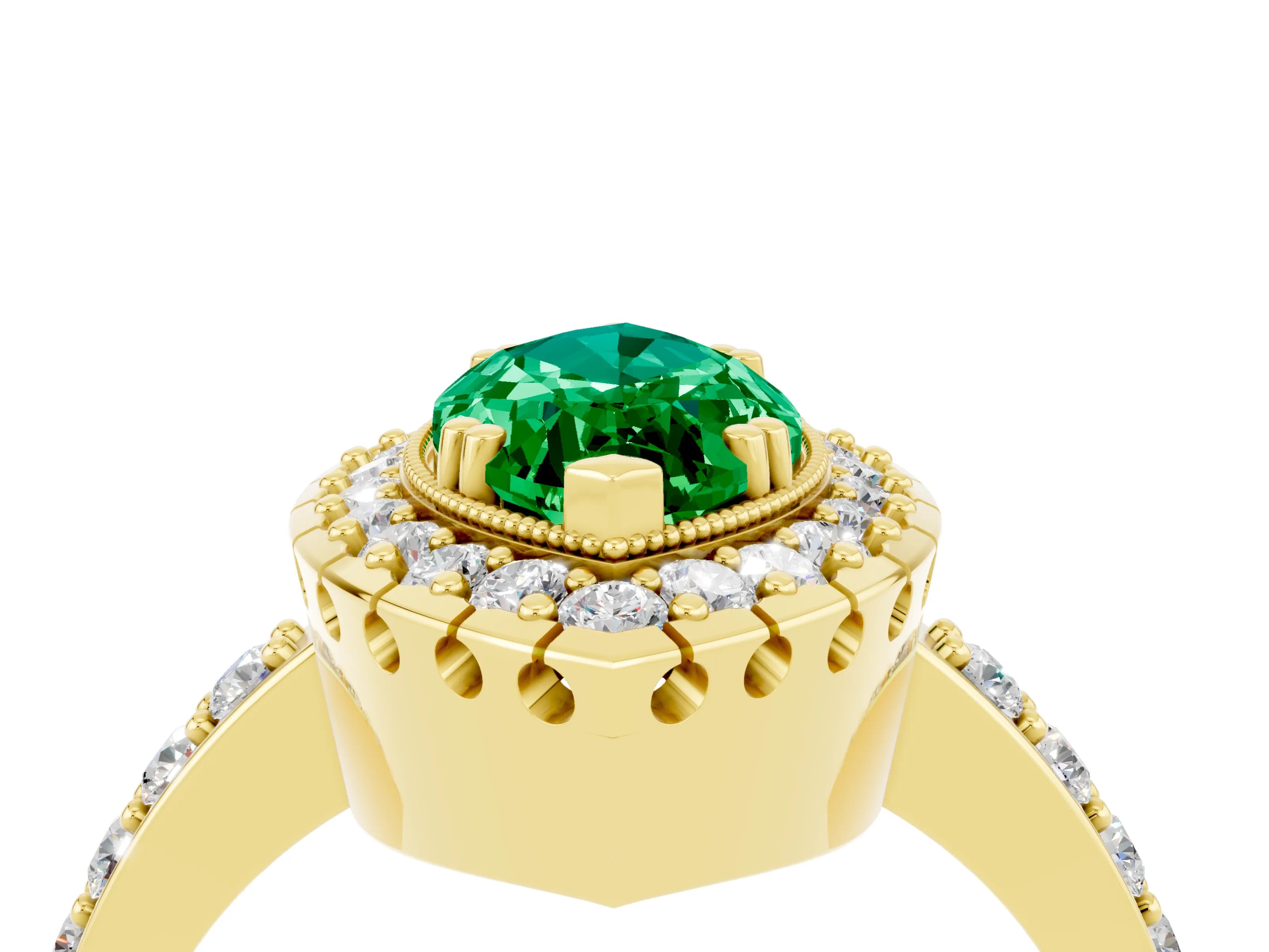 Yellow gold Marquise Cut Emerald Halo Ring with Pavé Band and Prong Setting_4