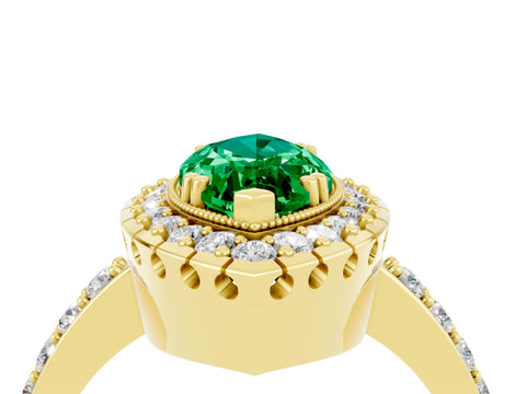 Yellow gold Marquise Cut Emerald Halo Ring with Pavé Band and Prong Setting_4