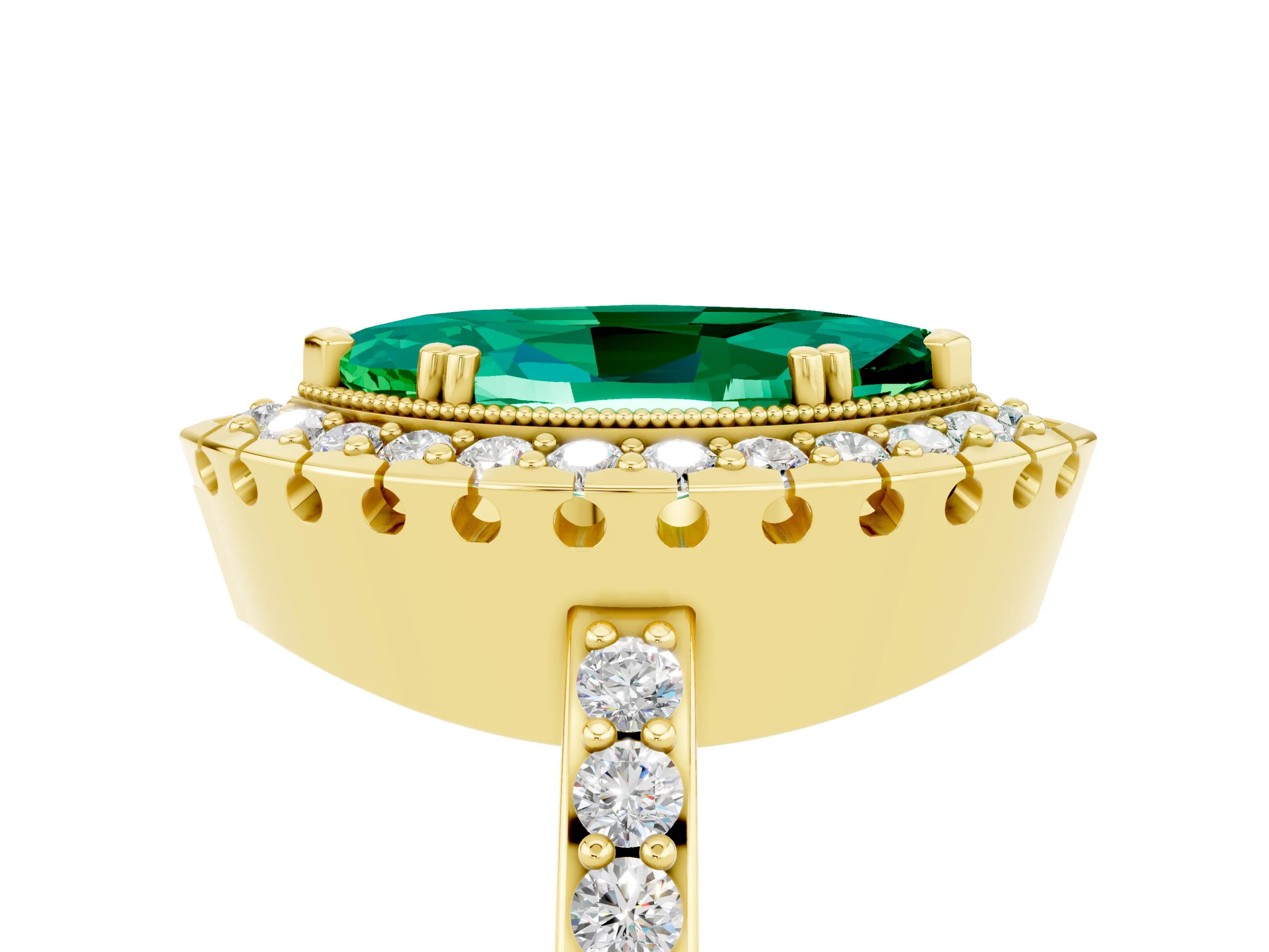 Yellow gold Marquise Cut Emerald Halo Ring with Pavé Band and Prong Setting_5