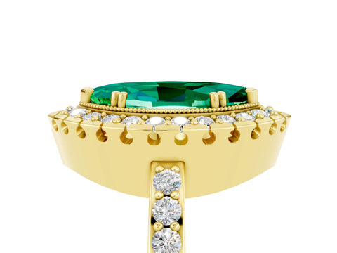 Yellow gold Marquise Cut Emerald Halo Ring with Pavé Band and Prong Setting_5