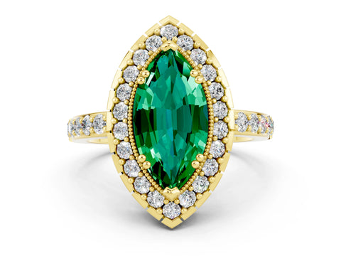 Yellow gold Marquise Cut Emerald Halo Ring with Pavé Band and Prong Setting