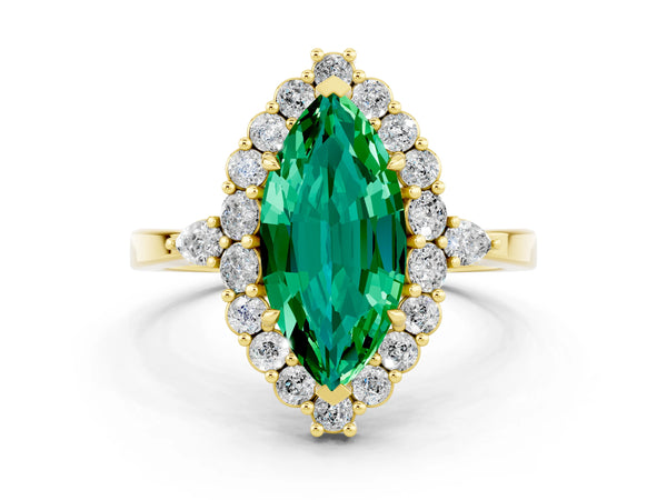 Yellow gold Marquise Cut Emerald Halo Ring with Pear Side Stones and Prong Setting