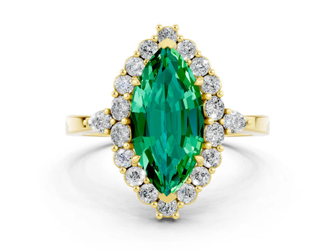 Yellow gold Marquise Cut Emerald Halo Ring with Pear Side Stones and Prong Setting_12