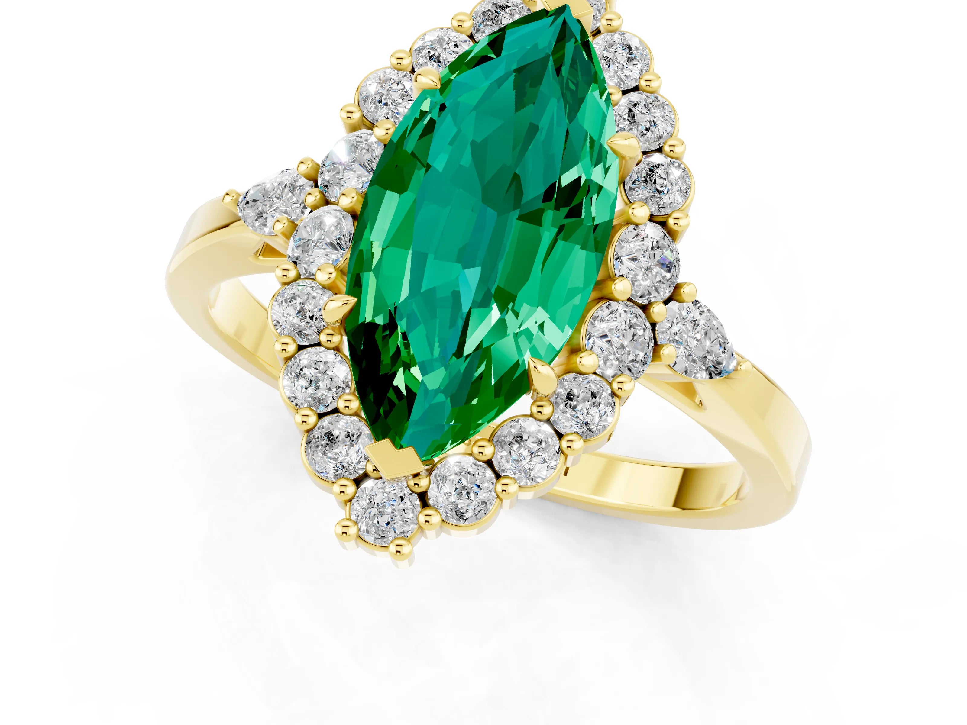 Yellow gold Marquise Cut Emerald Halo Ring with Pear Side Stones and Prong Setting_13