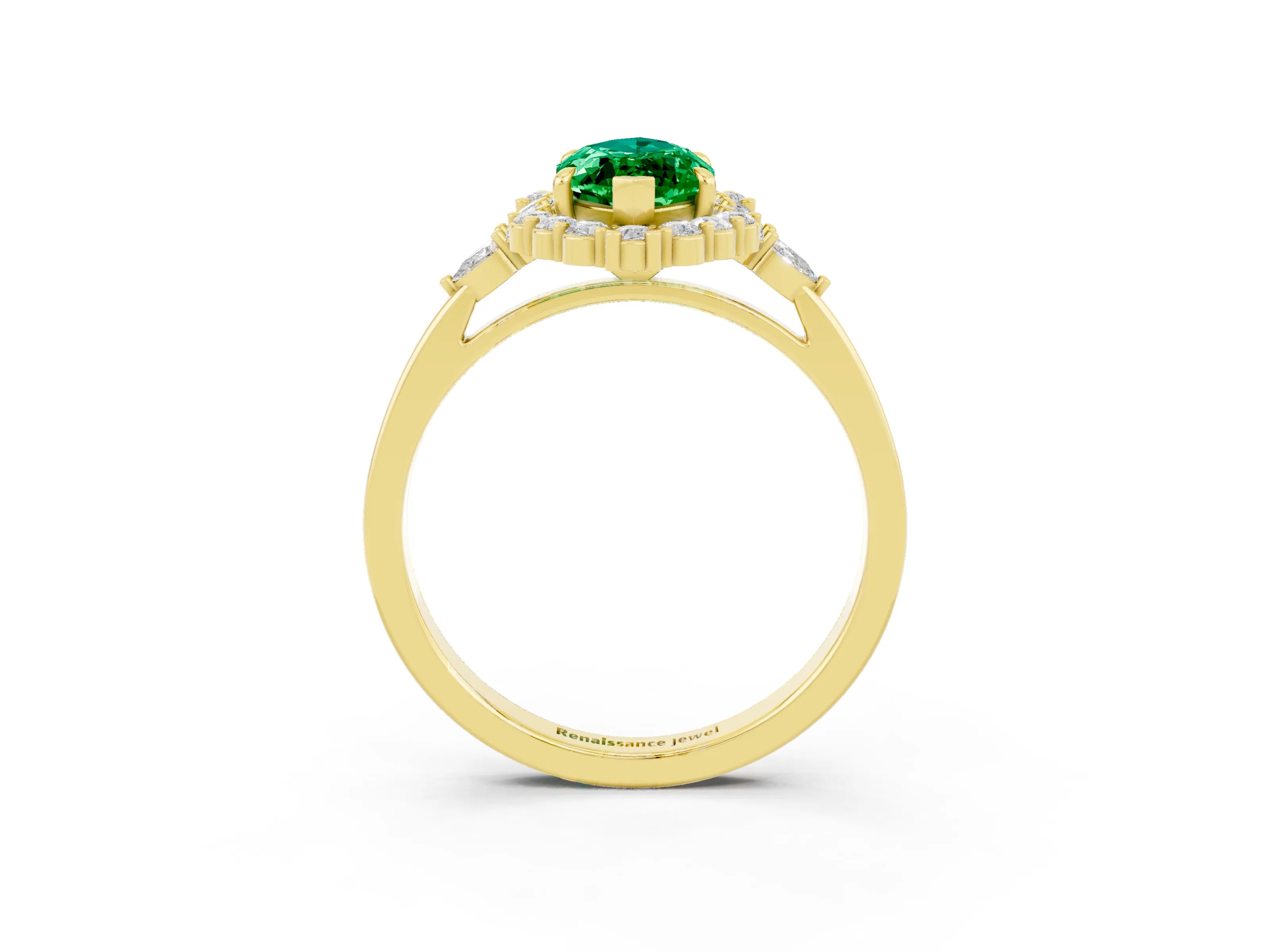 Yellow gold Marquise Cut Emerald Halo Ring with Pear Side Stones and Prong Setting_15
