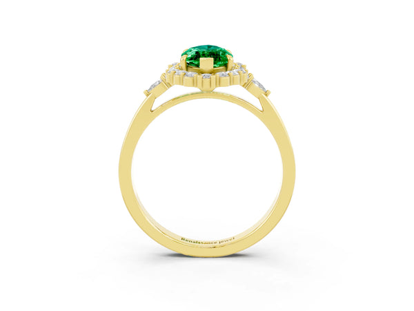 Yellow gold Marquise Cut Emerald Halo Ring with Pear Side Stones and Prong Setting