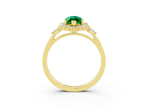 Yellow gold Marquise Cut Emerald Halo Ring with Pear Side Stones and Prong Setting_15