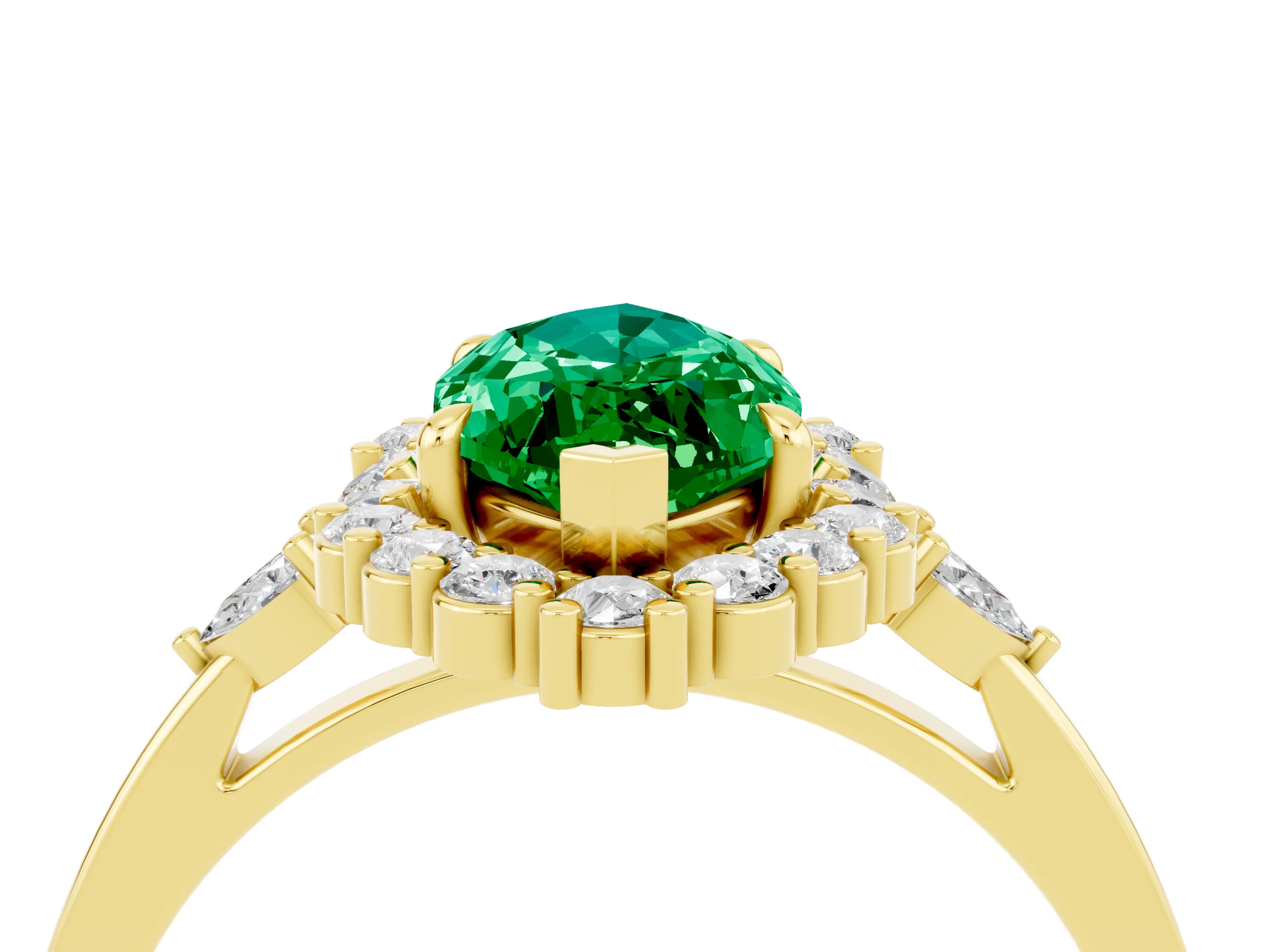 Yellow gold Marquise Cut Emerald Halo Ring with Pear Side Stones and Prong Setting_16