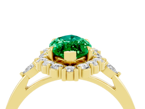 Yellow gold Marquise Cut Emerald Halo Ring with Pear Side Stones and Prong Setting_16