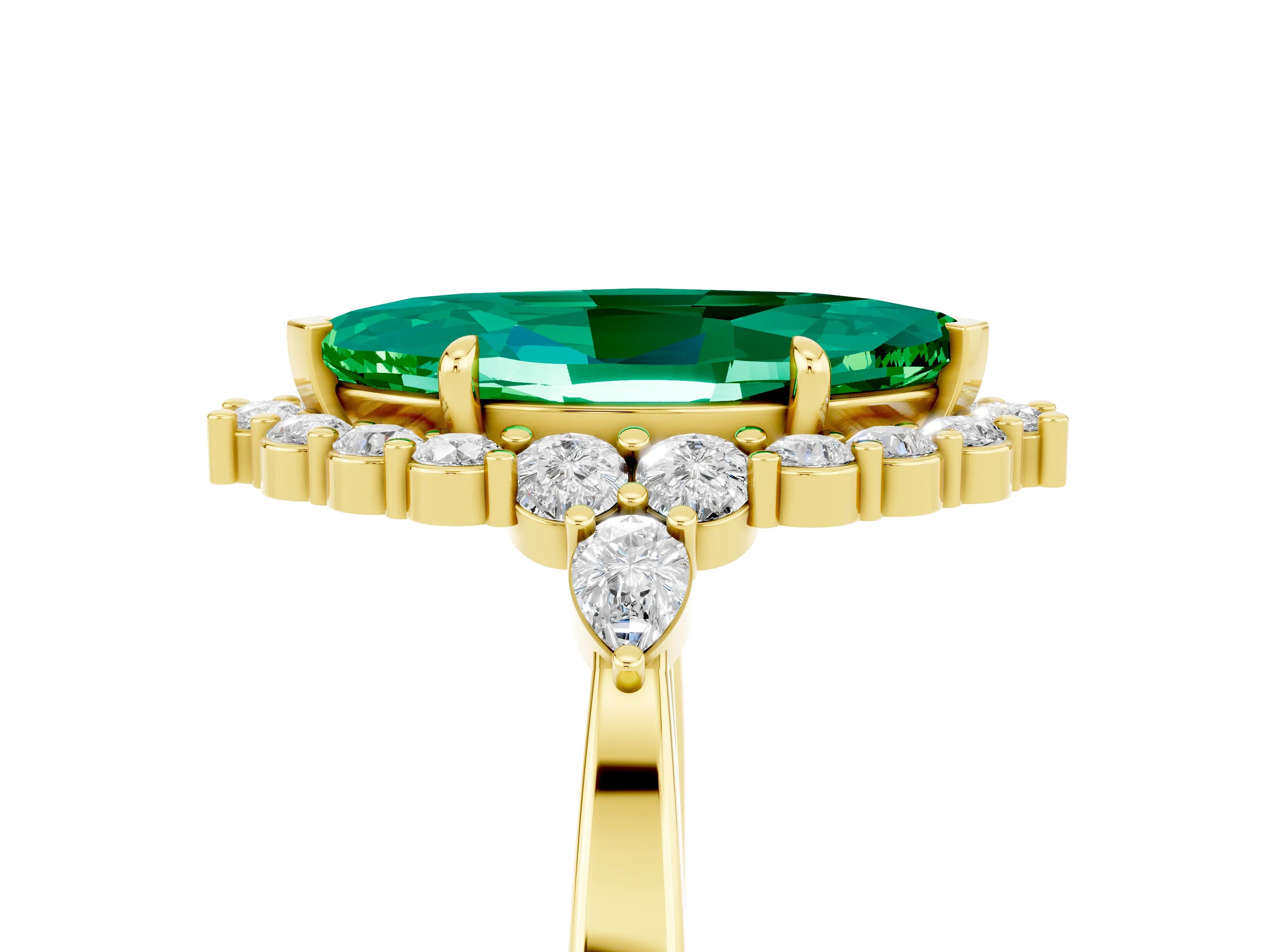Yellow gold Marquise Cut Emerald Halo Ring with Pear Side Stones and Prong Setting_17