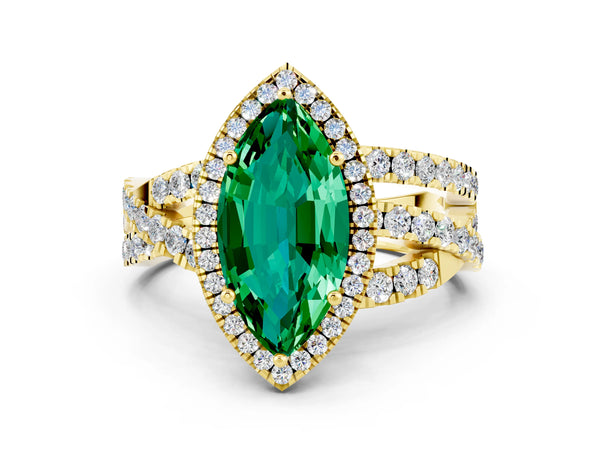 Yellow gold Marquise Cut Emerald Halo Ring with Round Split Shank and Prong Setting