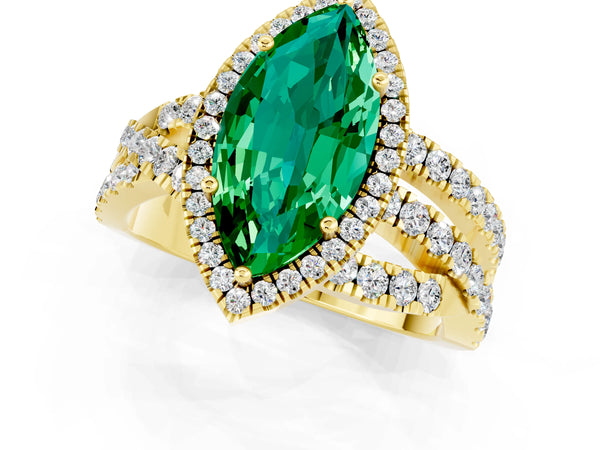 Yellow gold Marquise Cut Emerald Halo Ring with Round Split Shank and Prong Setting