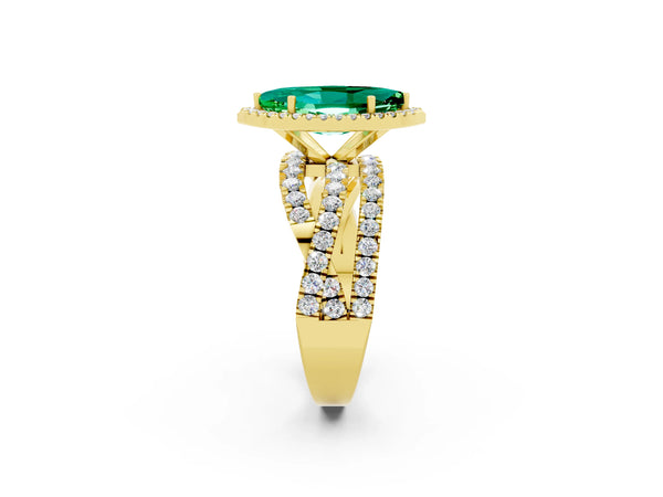 Yellow gold Marquise Cut Emerald Halo Ring with Round Split Shank and Prong Setting