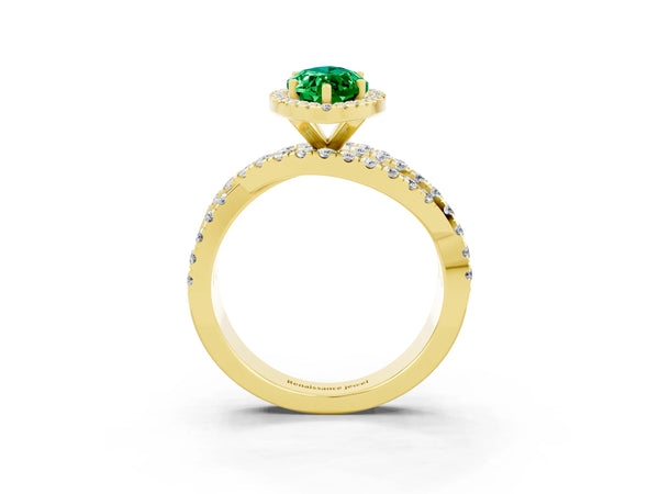 Yellow gold Marquise Cut Emerald Halo Ring with Round Split Shank and Prong Setting
