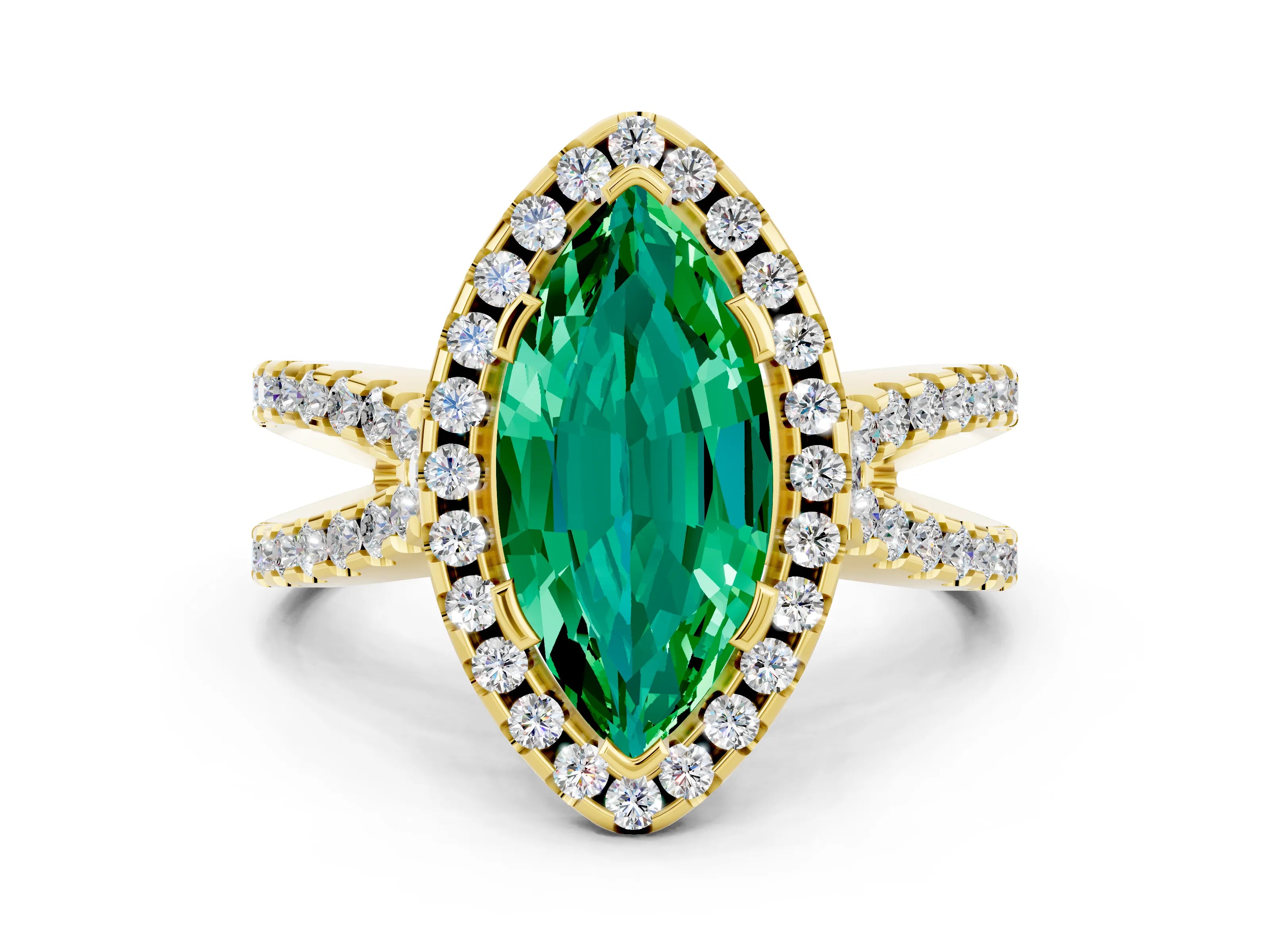 Yellow gold Marquise Cut Emerald Halo Ring with Split Shank Pavé Band and Prong Setting