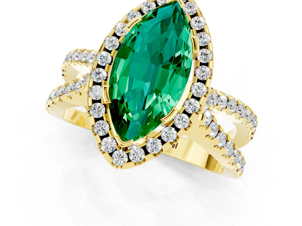 Yellow gold Marquise Cut Emerald Halo Ring with Split Shank Pavé Band and Prong Setting