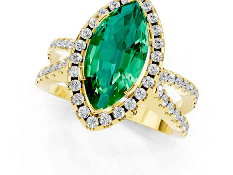 Yellow gold Marquise Cut Emerald Halo Ring with Split Shank Pavé Band and Prong Setting_1