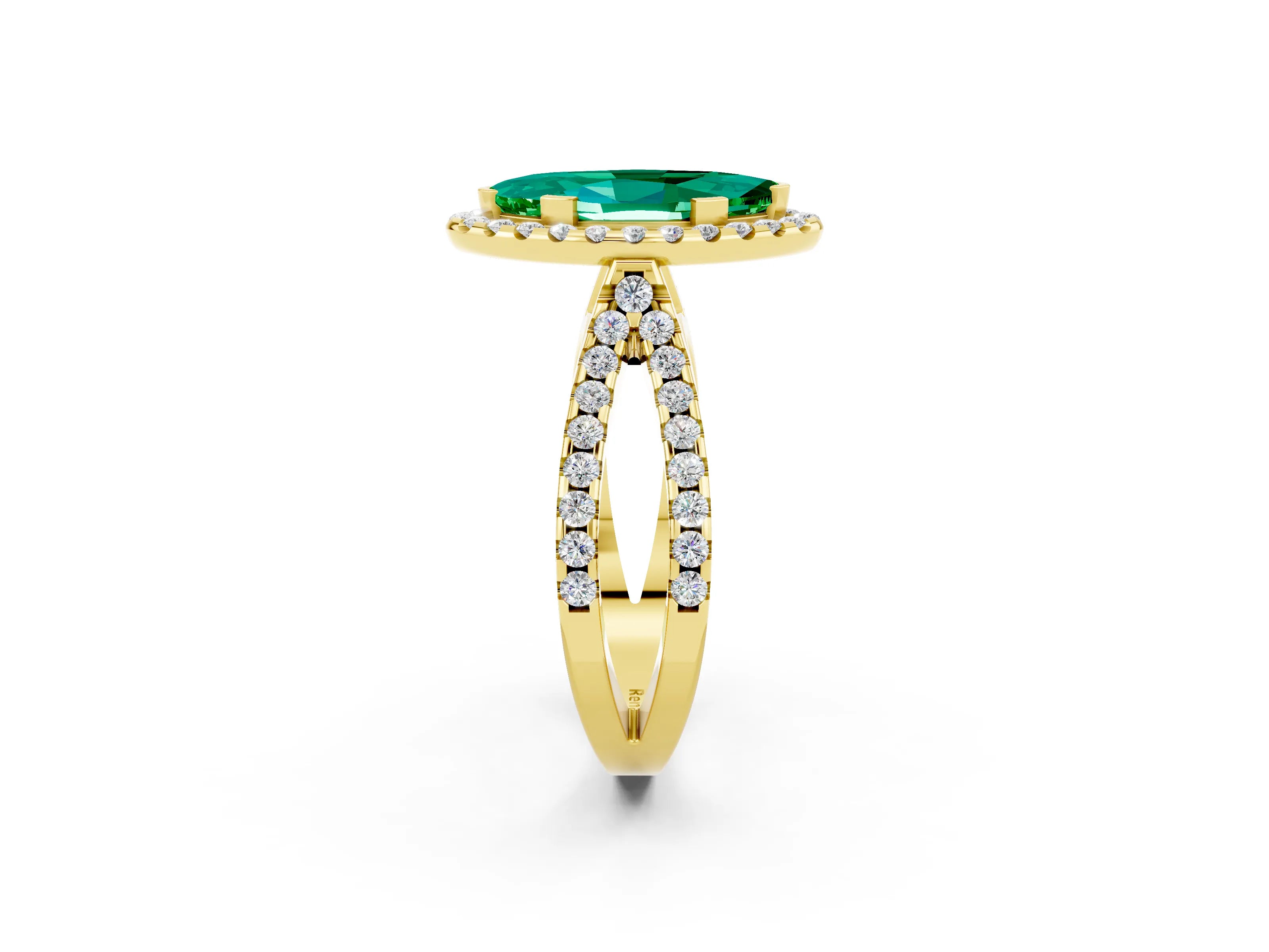 Yellow gold Marquise Cut Emerald Halo Ring with Split Shank Pavé Band and Prong Setting_2