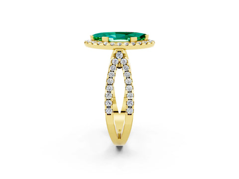 Yellow gold Marquise Cut Emerald Halo Ring with Split Shank Pavé Band and Prong Setting_2
