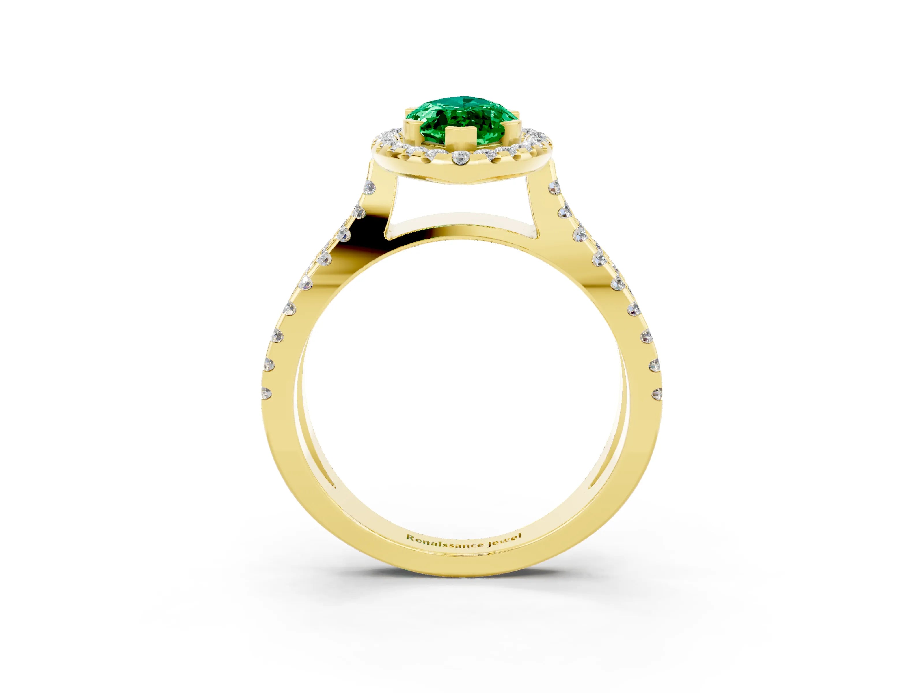 Yellow gold Marquise Cut Emerald Halo Ring with Split Shank Pavé Band and Prong Setting_3