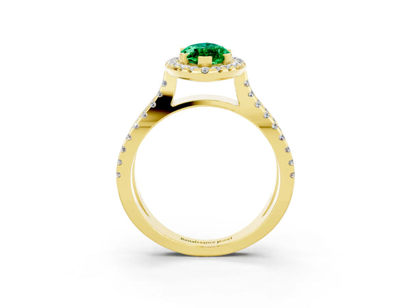 Yellow gold Marquise Cut Emerald Halo Ring with Split Shank Pavé Band and Prong Setting