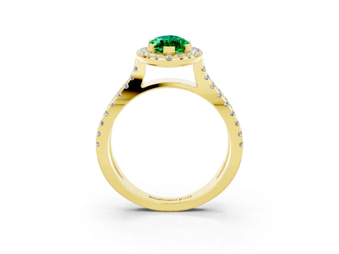 Yellow gold Marquise Cut Emerald Halo Ring with Split Shank Pavé Band and Prong Setting_3
