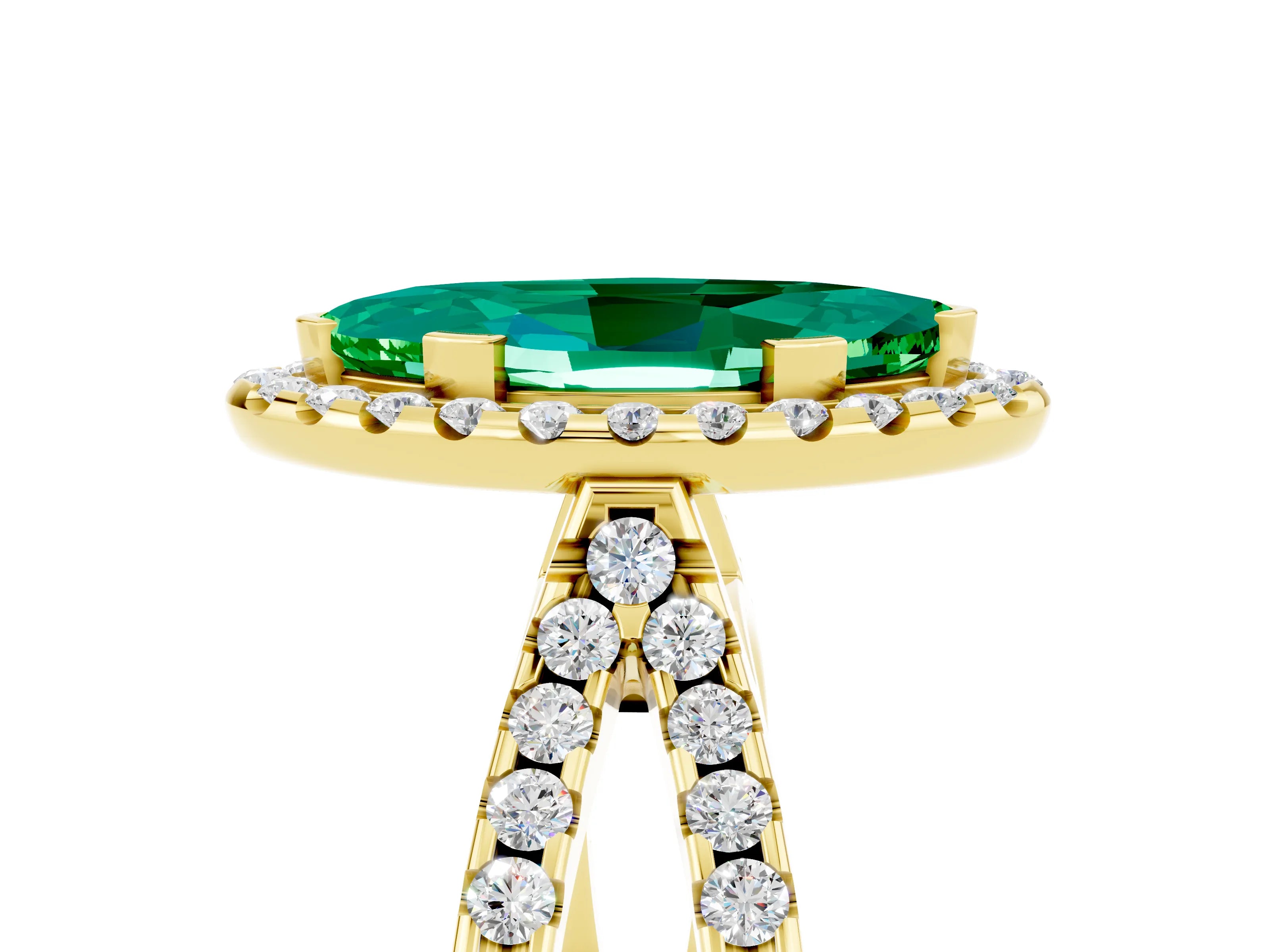 Yellow gold Marquise Cut Emerald Halo Ring with Split Shank Pavé Band and Prong Setting_5
