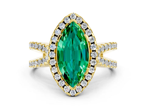 Yellow gold Marquise Cut Emerald Halo Ring with Split Shank Pavé Band and Prong Setting