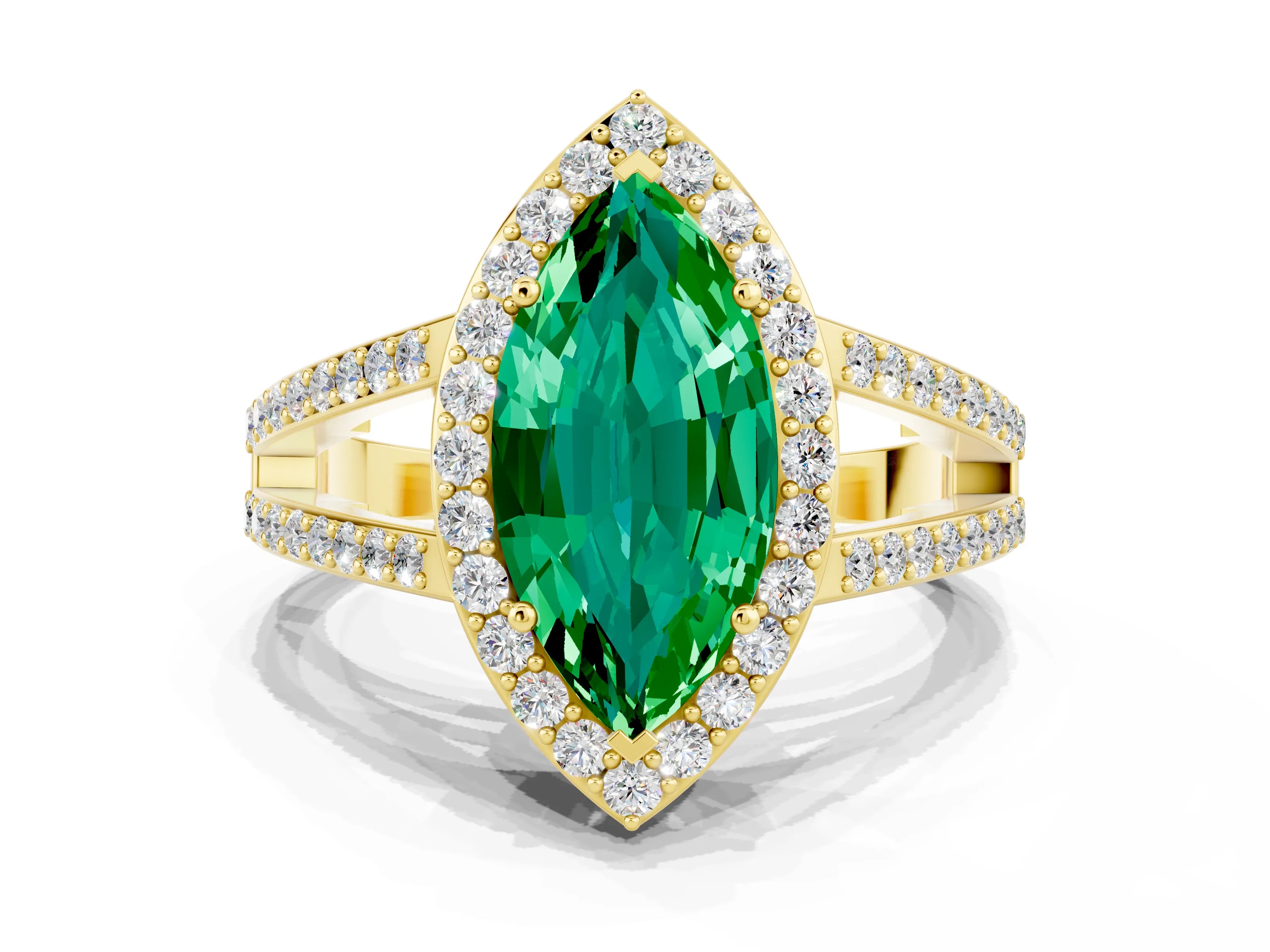 Yellow gold Marquise Cut Emerald Halo Ring with Split Shank U-Prong Band and Four-Prong Setting
