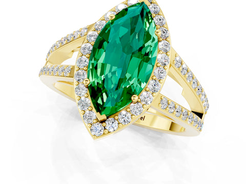 Yellow gold Marquise Cut Emerald Halo Ring with Split Shank U-Prong Band and Four-Prong Setting_1