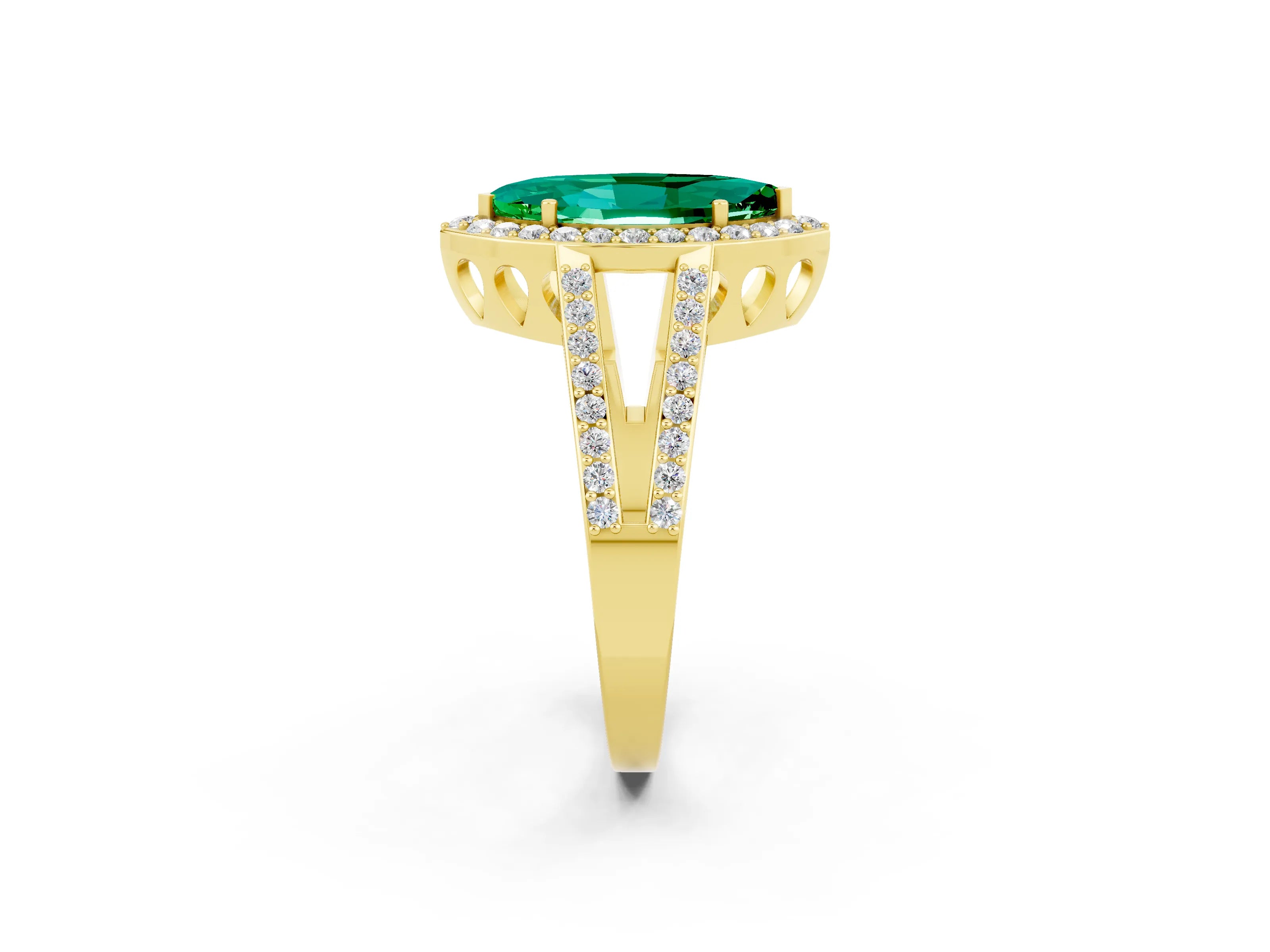 Yellow gold Marquise Cut Emerald Halo Ring with Split Shank U-Prong Band and Four-Prong Setting_2
