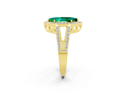 Yellow gold Marquise Cut Emerald Halo Ring with Split Shank U-Prong Band and Four-Prong Setting_2