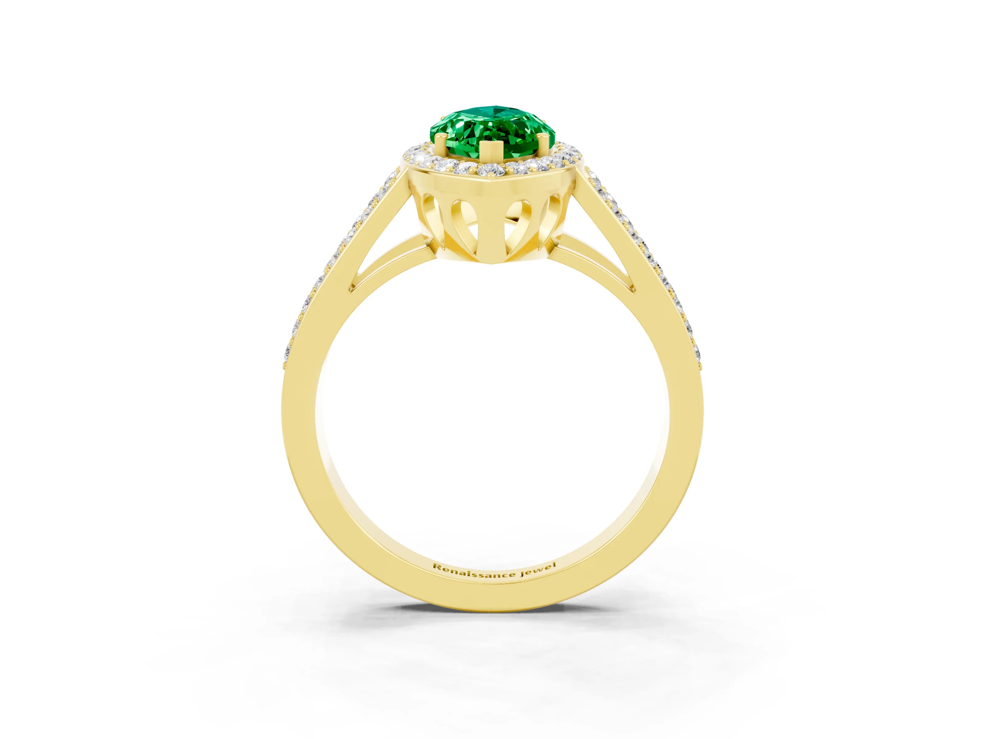 Yellow gold Marquise Cut Emerald Halo Ring with Split Shank U-Prong Band and Four-Prong Setting_3