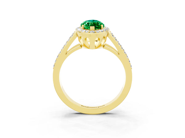 Yellow gold Marquise Cut Emerald Halo Ring with Split Shank U-Prong Band and Four-Prong Setting