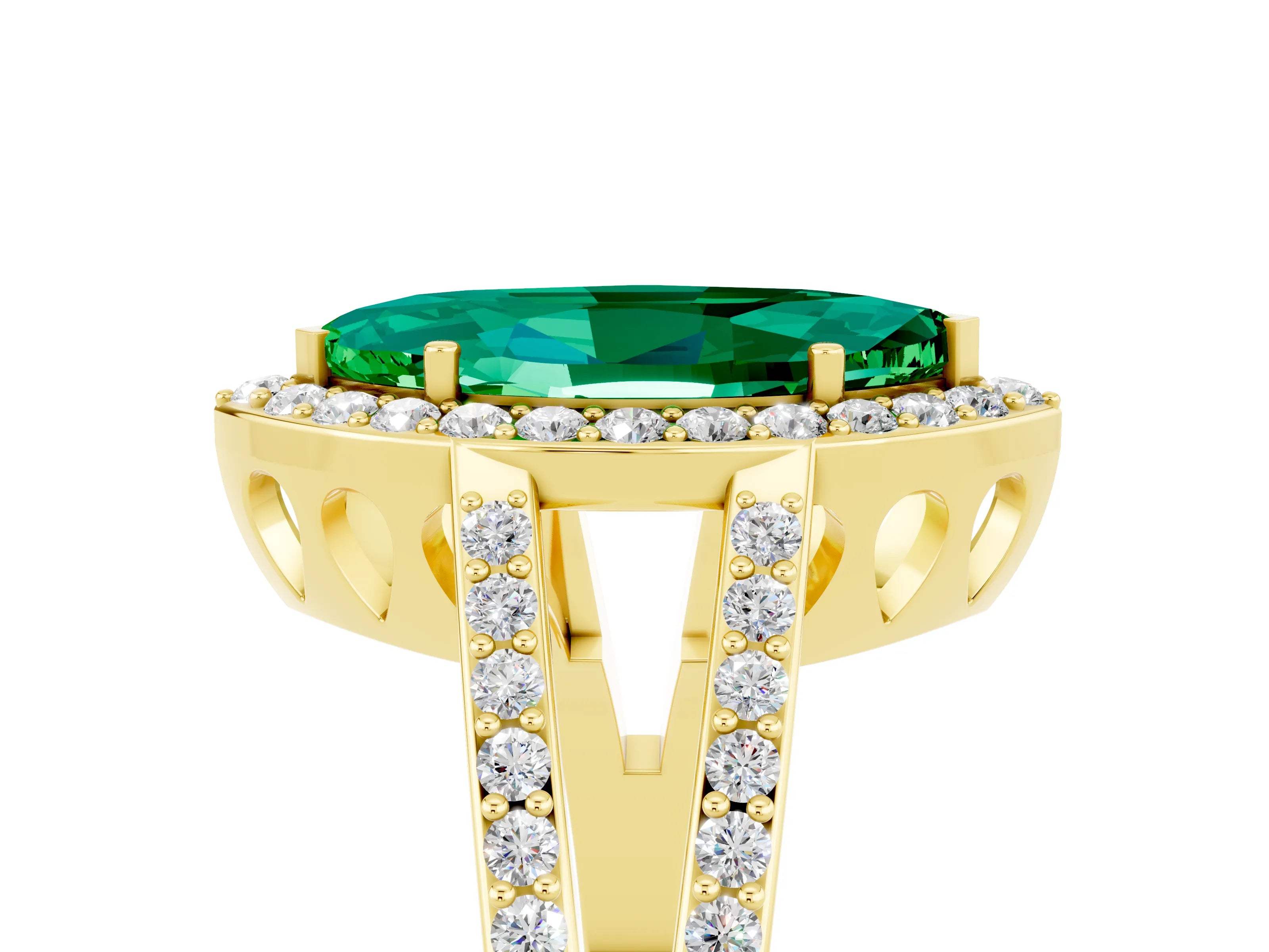 Yellow gold Marquise Cut Emerald Halo Ring with Split Shank U-Prong Band and Four-Prong Setting_5