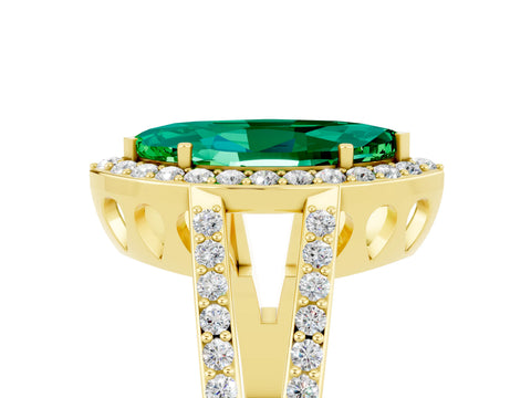 Yellow gold Marquise Cut Emerald Halo Ring with Split Shank U-Prong Band and Four-Prong Setting_5