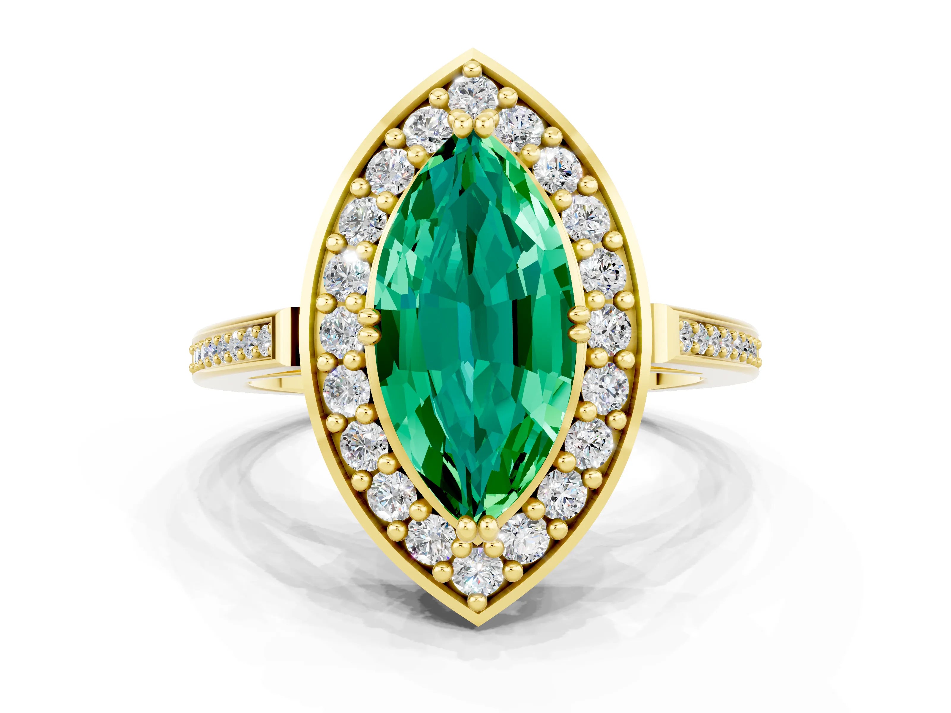 Yellow gold Marquise Cut Emerald Halo Ring with Split Shank and Four-Prong Setting