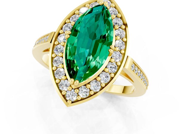 Yellow gold Marquise Cut Emerald Halo Ring with Split Shank and Four-Prong Setting