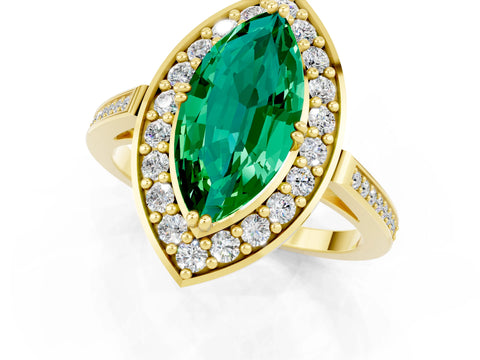 Yellow gold Marquise Cut Emerald Halo Ring with Split Shank and Four-Prong Setting_1