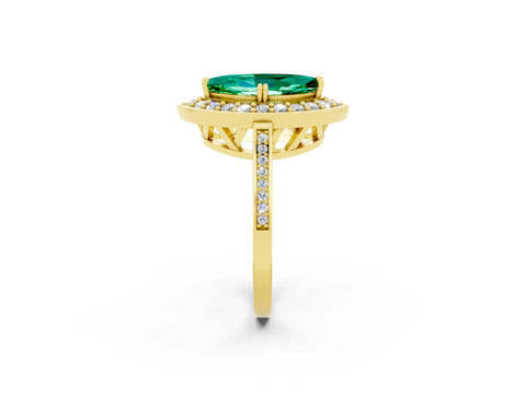 Yellow gold Marquise Cut Emerald Halo Ring with Split Shank and Four-Prong Setting_2