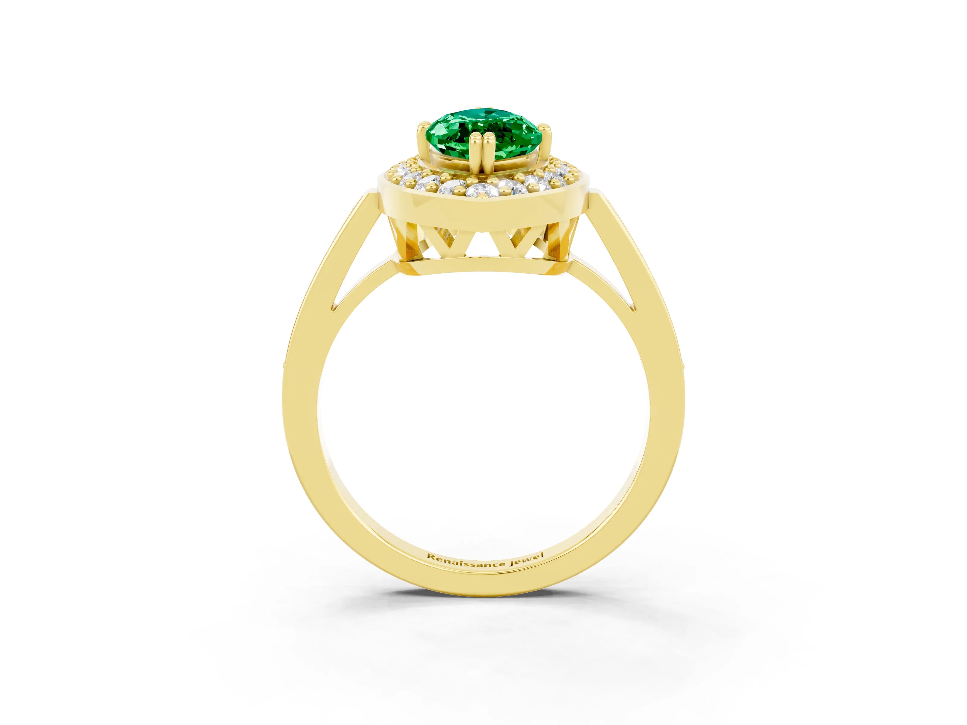 Yellow gold Marquise Cut Emerald Halo Ring with Split Shank and Four-Prong Setting_3