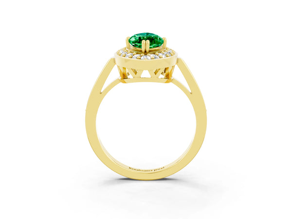 Yellow gold Marquise Cut Emerald Halo Ring with Split Shank and Four-Prong Setting