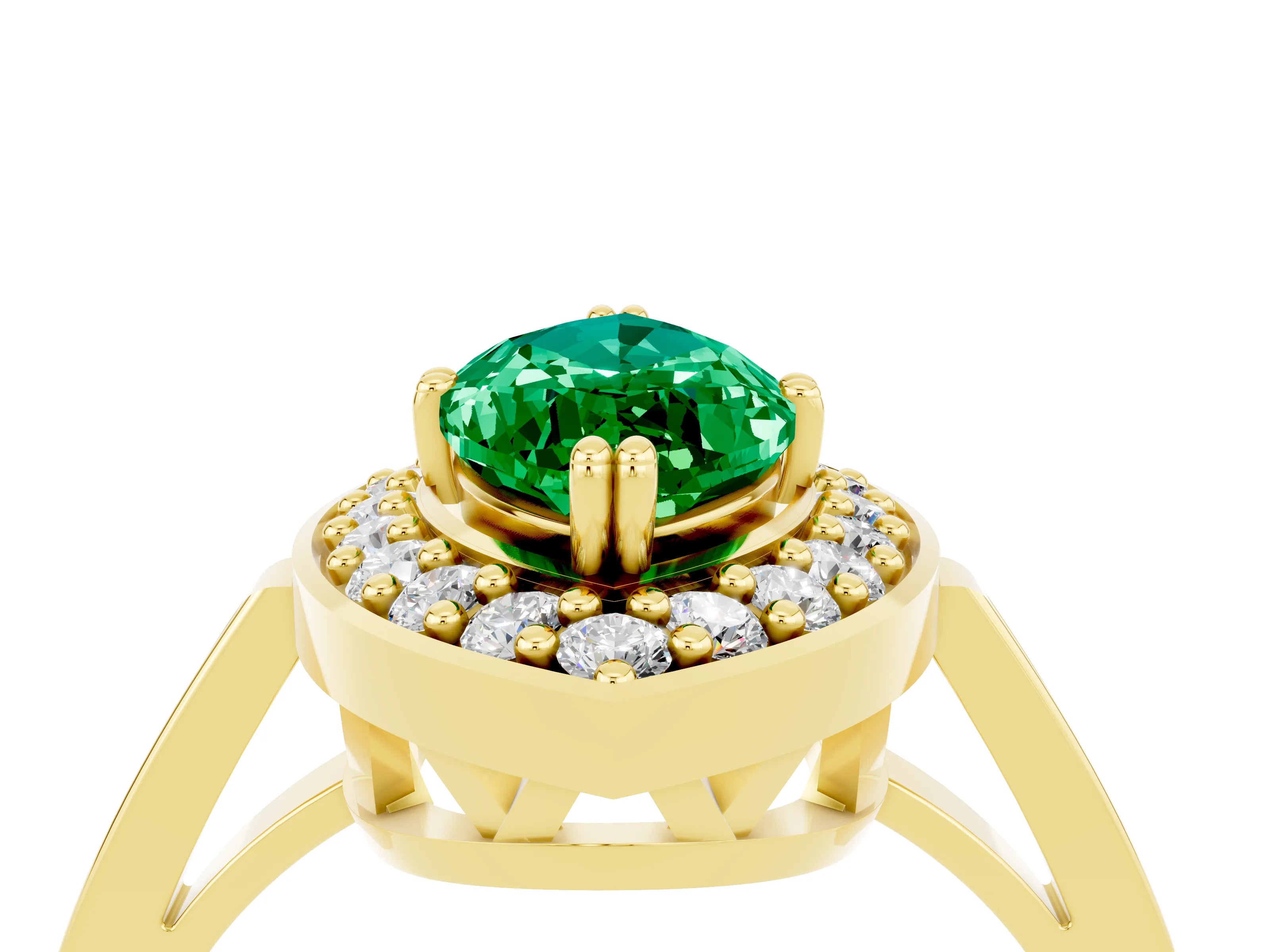 Yellow gold Marquise Cut Emerald Halo Ring with Split Shank and Four-Prong Setting_4