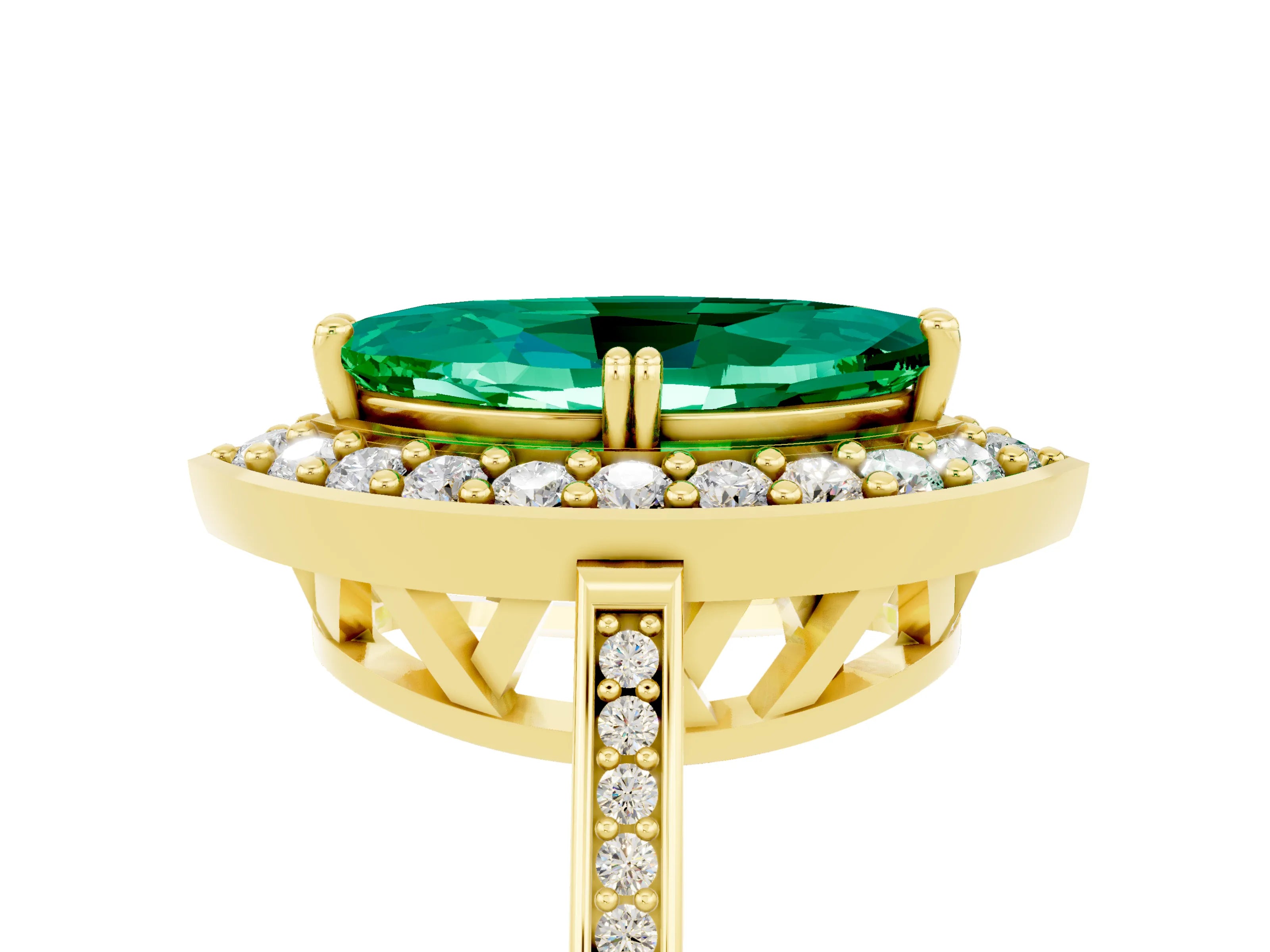Yellow gold Marquise Cut Emerald Halo Ring with Split Shank and Four-Prong Setting_5
